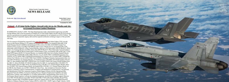 米国務省"フィンランドがF-35Aステルス戦闘機64機導入を要求"(2020年10月9日)