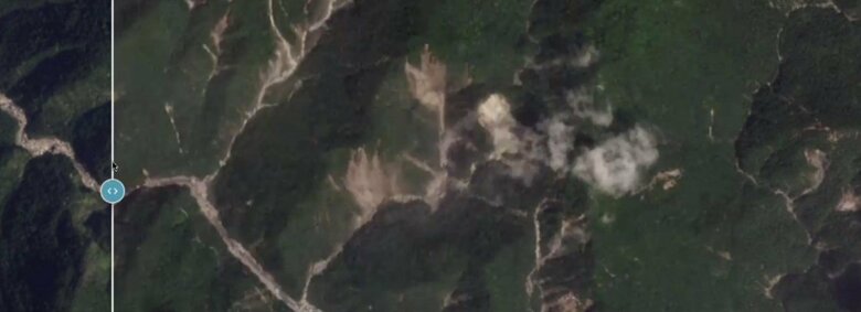 地震直後の崖崩れが起きた山