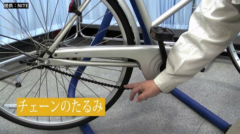 たるんだ状態のチェーン。走行を続けると、危険だ（提供：NITE）