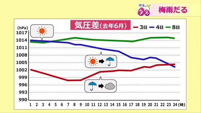 福井県の去年6月の気圧変化を表したグラフ