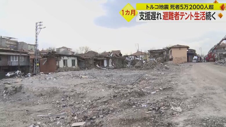 撤去作業が手つかずのままの倒壊した建物が残る