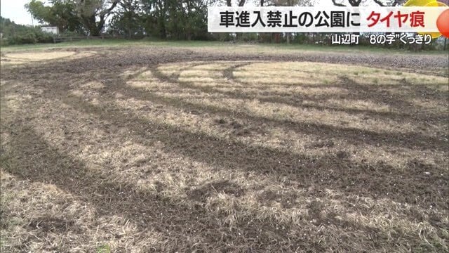草地にタイヤで荒らされたような跡が残っていた