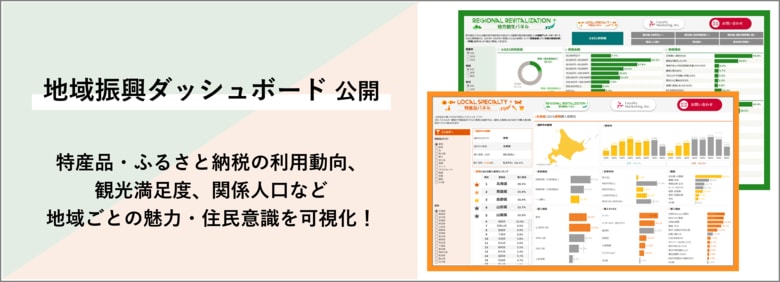 特産品やふるさと納税、観光満足度、関係人口などの調査データから地域ごとの魅力と住民意識が分かる「地域振興ダッシュボード」を無料公開