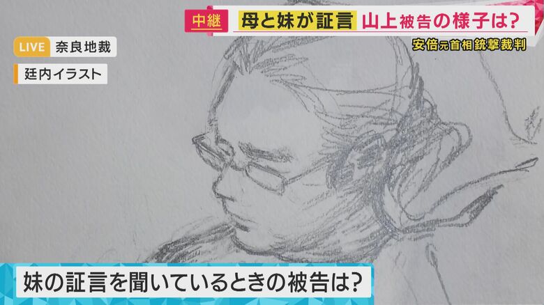妹の証人尋問のときの山上被告（法廷内イラスト）