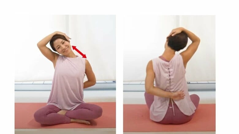 肩が上がらないようにし、耳と肩の距離を広く保つことを意識する