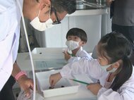 子供達が白衣姿で生き物を観察…水産研究所の仕事を体験する教室 研究員に教わりながらウニ等手に取る