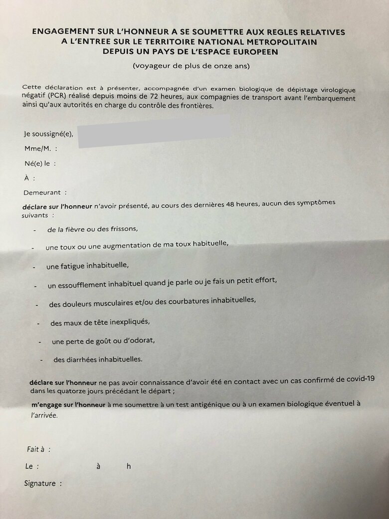 渡仏にあたり記入した誓約書