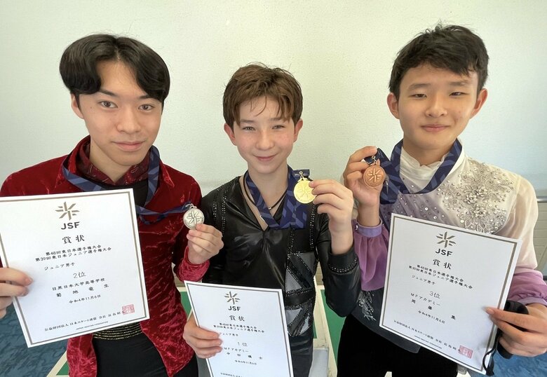 ジュニア男子で表彰台に上った菊地竜生、中田璃士、周藤集（左から）
