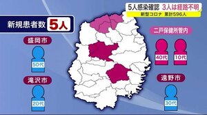 5人感染確認 3人は経路不明 新型コロナ 累計596人<岩手県>
