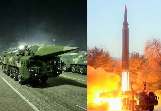火星8型極超音速滑空体(HGV)ミサイル(左)と北朝鮮版極超音速ミサイルのブースターは火星12型のブースター部分を利用(資料)