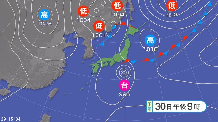 天気図　30日午後9時の予想