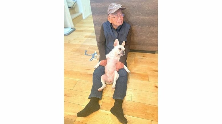 ブン太くんをへそ天にしての抱っこはおじいちゃんの日課