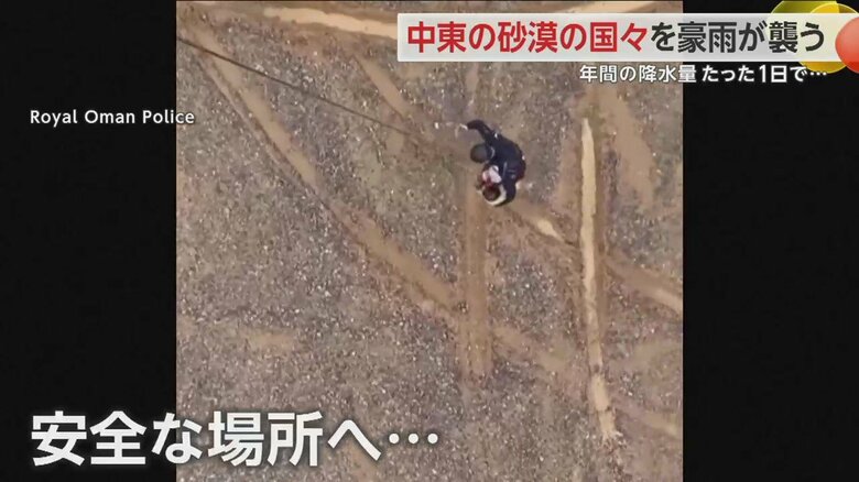 ヘリから降下した救助隊員が濁流にのまれた人を救助する一部始終