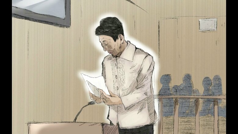 再審初公判のひで子さんの様子を描いた法廷スケッチ