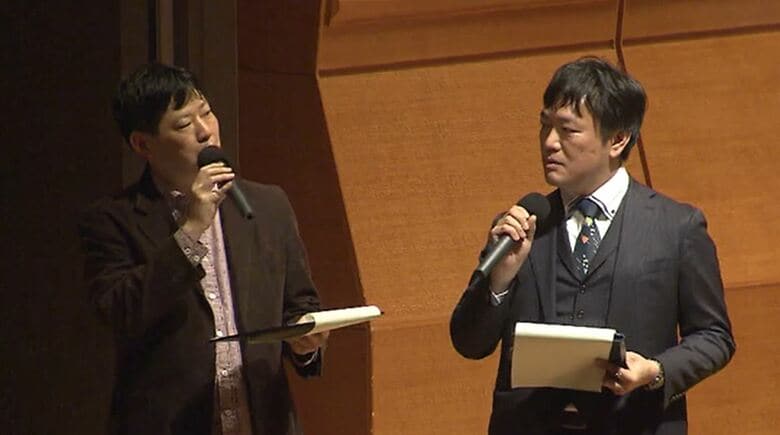 生地俊祐さんと美濃部敦さん　当日は司会を務めた