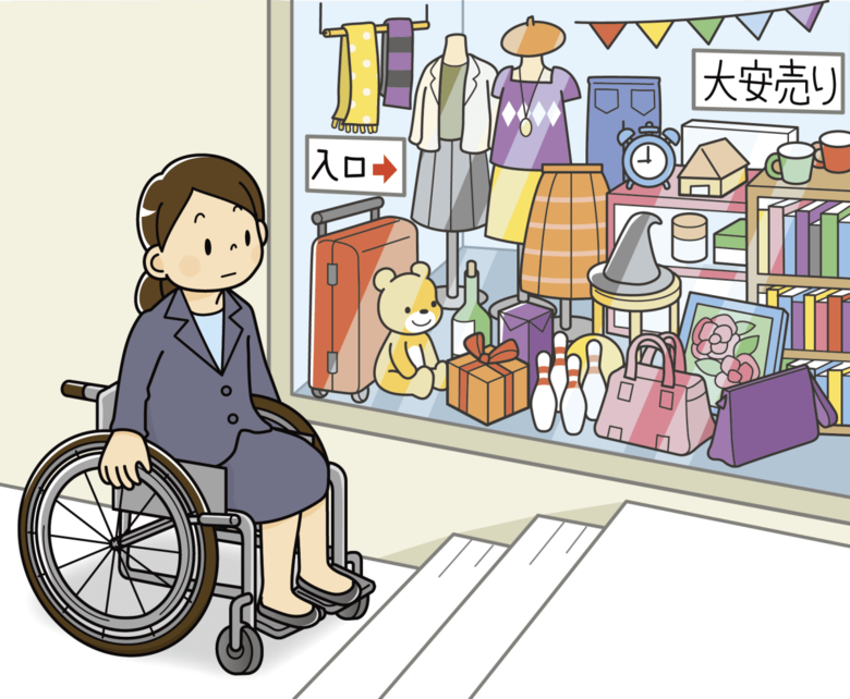 階段の前に車いすの女性が佇んでいる (C)障害平等研修フォーラム
