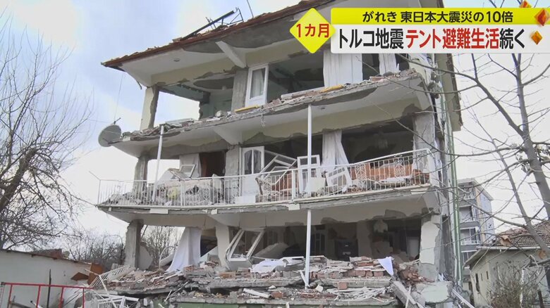 撤去作業が手つかずのままの倒壊した建物が残る