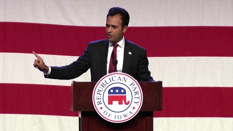 演説したラマスワミ氏（アイオワ州デモイン 7月28日）