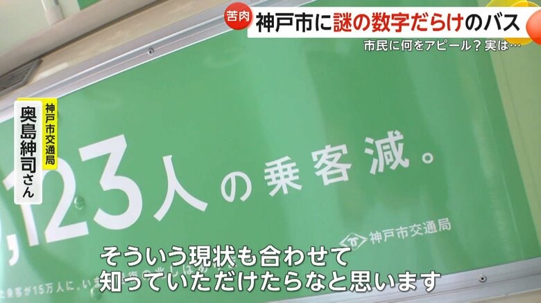 経営の状況を表す数字が書かれた神戸市バスのラッピングバス車内