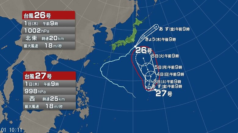 台風26号・27号の進路予想図