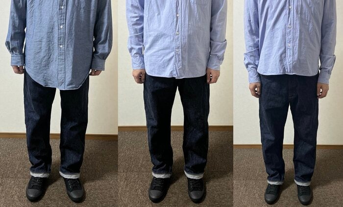 裾の先がパンツの股上の1/3～半分くらいにくるシャツ（写真／中）は普通に見せやすい（特集班撮影）