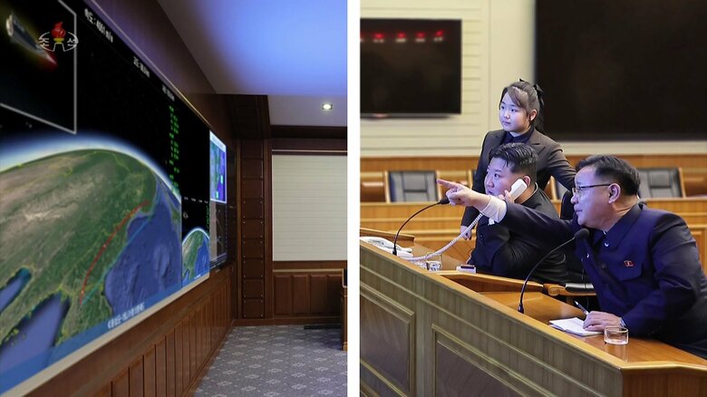 新型極超音速中長距離弾道ミサイルの発射試験を視察する金正恩総書記父娘