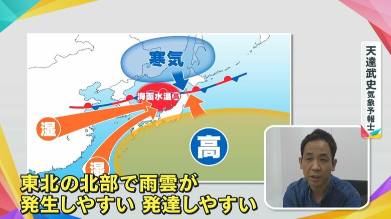 北日本でで“雨雲のもと”が多く重なってしまうという