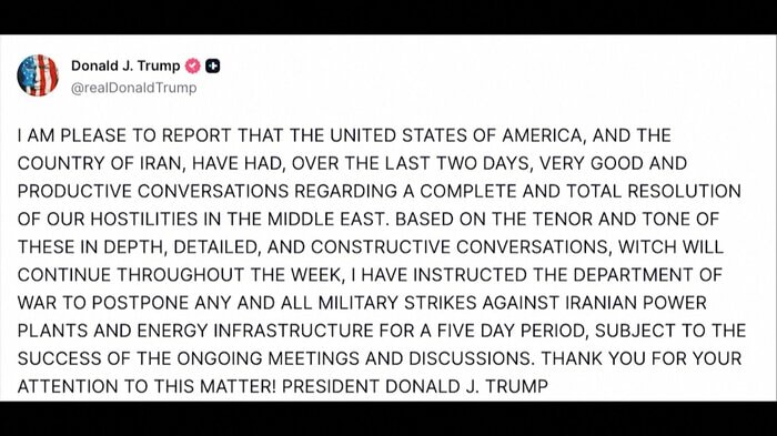 トランプ大統領は自身のSNSでイラン発電所などへの攻撃を5日間延期すると発表（2026年3月23日）