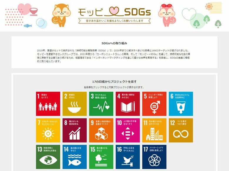 モッピーのサイトより:SDGsのゴールから逆引きで募金先を選定できる