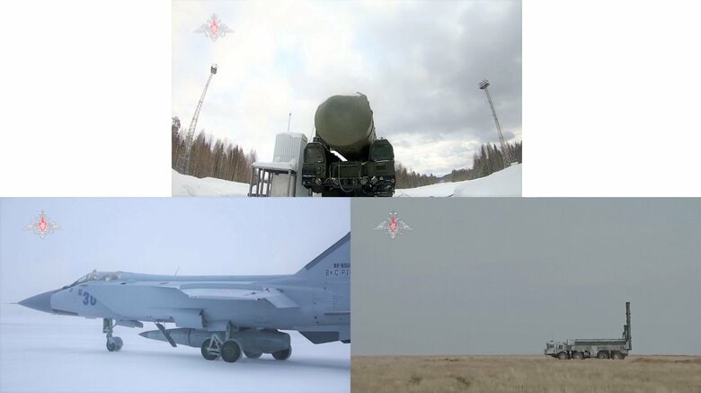 ロシアのミサイル発射演習(2022年2月19日)ヤルス大陸間弾道ミサイル(上)、MiG-31K攻撃機に懸架されたキンジャール極超音速ミサイル(左下)、イスカンデル複合ミサイル・システム(右下)