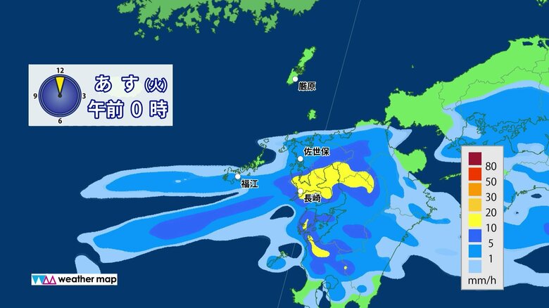 10日午前0時頃の雨雲の予想