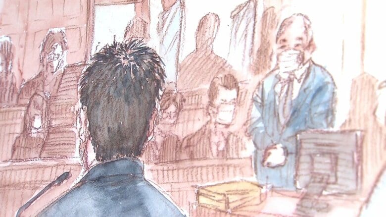 被告人質問に臨む石橋被告からは”他人事”な供述が目立った(イラスト:大橋由美子）