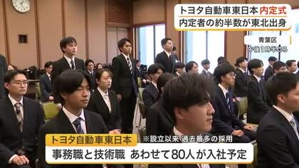 トヨタ自動車東日本で内定式　設立以来最多の８０人採用へ　内定者代表が決意「大学の経験生かす」