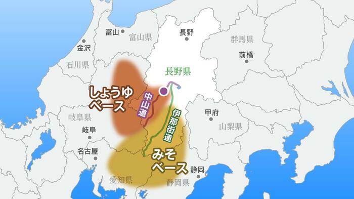 五平餅が食べられている地域とタレの分布