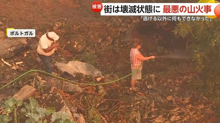家庭用のホースで消火を試みる住民の様子