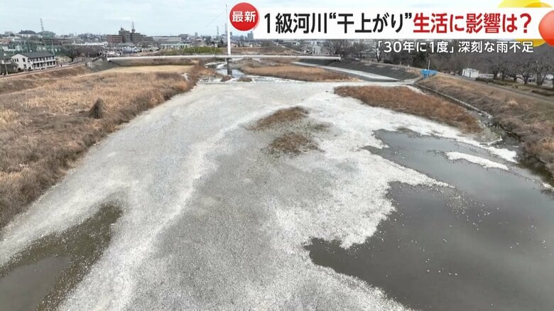 浅川の流れが広い範囲で止まっている