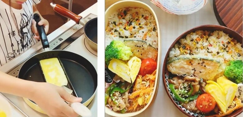 料理に挑む次女さん(左)。ユミィさんと作ったお弁当(右)