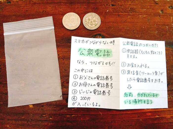 連絡先を書いたメモと小銭