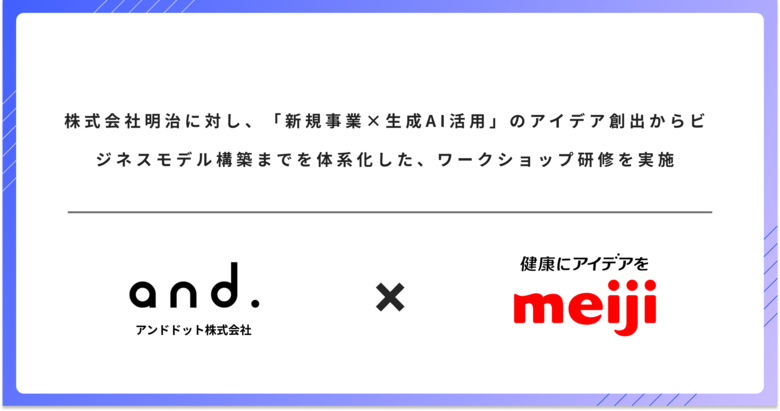 株式会社明治に対し、「新規事業×生成AI活用」のアイデア創出からビジネスモデル構築までを体系化した、ワークショップ研修を実施