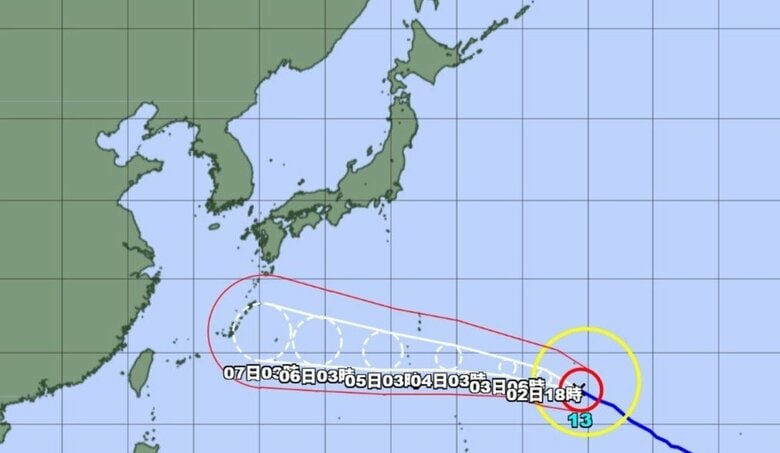【台風情報】台風13号の今後の進路予想は　4日午前3時には非常に強い勢力で小笠原近海に達する見込み　5日午前3時には日本の南に達する見込み｜FNNプライムオンライン