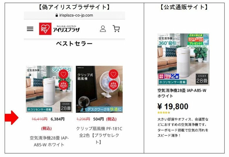 アイリスオーヤマ 左が偽サイトでの価格表示(提供:消費者庁)