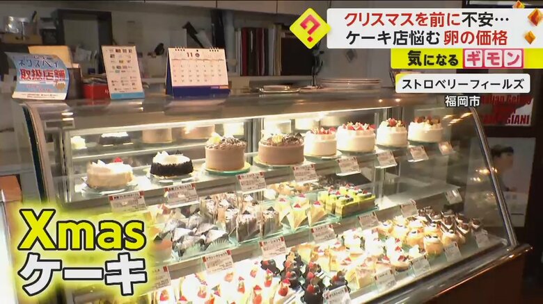 福岡市の洋菓子店「ストロベリーフィールズ」の店頭に並ぶクリスマスケーキ