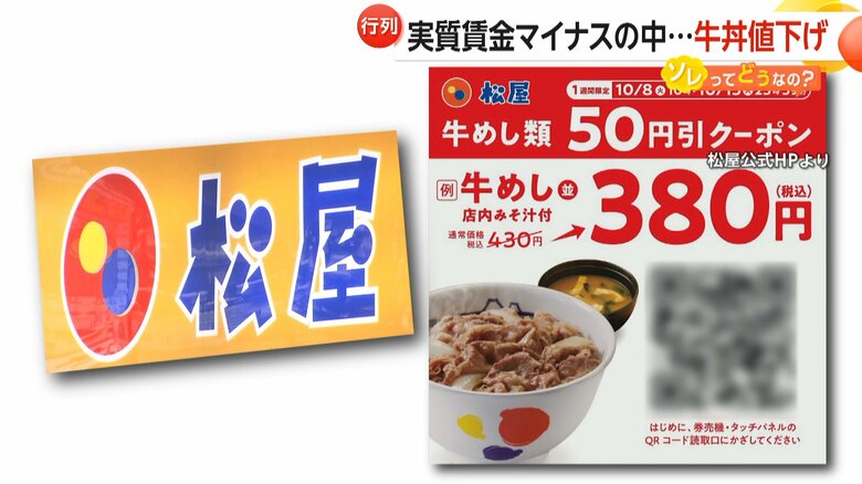8日から電子クーポンの利用者の価格を50円割引いている松屋
