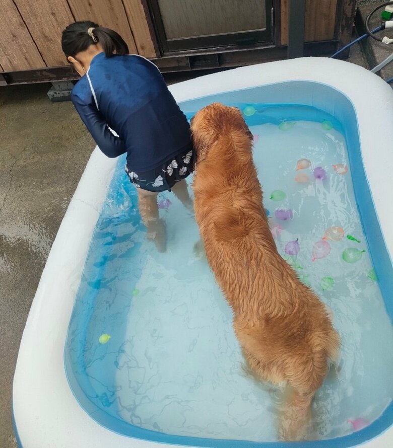 プールで一緒に遊ぶ