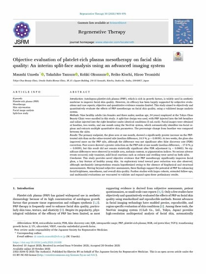 TCB梅田将志医師らの論文が再生医療分野の国際学術誌「Regenerative Therapy」に掲載。PRP（多血小板血漿）皮膚投与による肌質改善効果の臨床研究 −美容医療を“感覚”から“科学”へ−