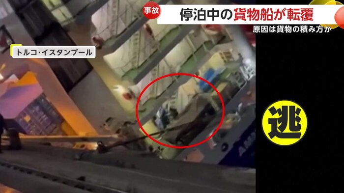 傾いた船の中で逃げ惑う乗組員(IHA)