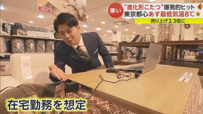 “進化系こたつ”は在宅勤務を想定し、コンセントやUSBポートも付いている