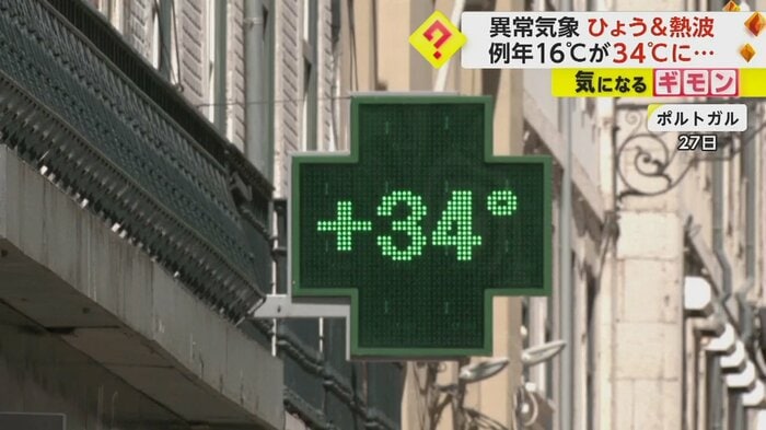 ポルトガルの街中の温度計。34℃を示している(27日)