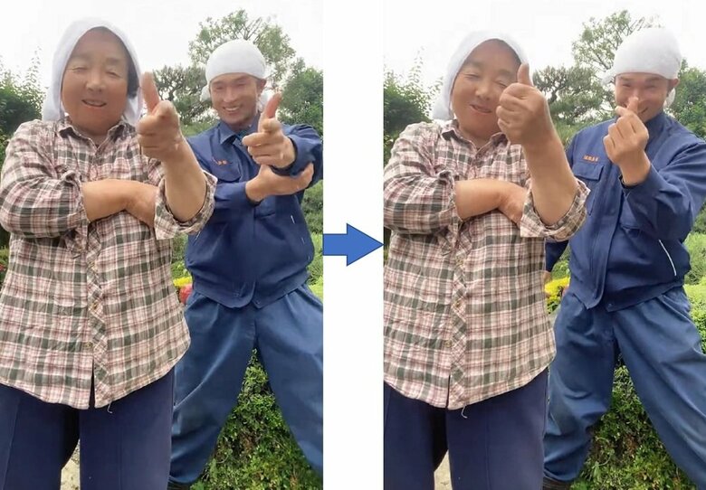 孫のケンさん(右)と一緒にダンスを踊り、TikTokへ投稿