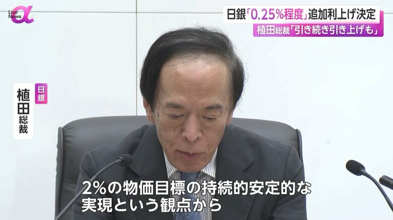会見で、金利の引き上げの理由について言及する日銀の植田総裁
